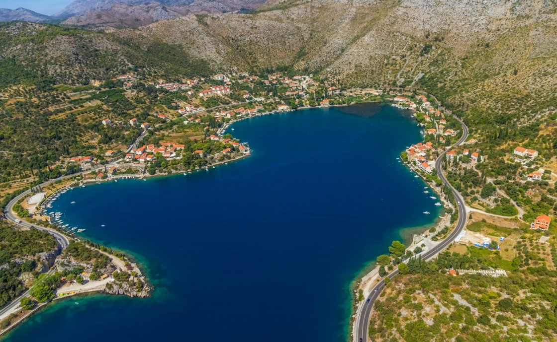 'Helicopter aerial shot of beautiful lagoon Zaton near Dubrovnik in Croatia.  Well known tourist destination.' - Dubrownik
